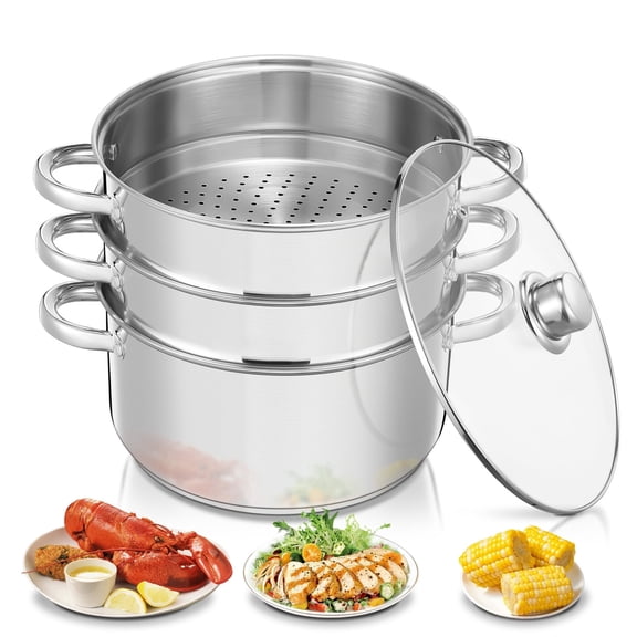 3-Tier Stainless Steel Steamer Pot, 8.5QT Multi-Function Stock Pot with Tempered Glass Lid, Stackable, Compatible with Induction Gas Stove, FOHERE