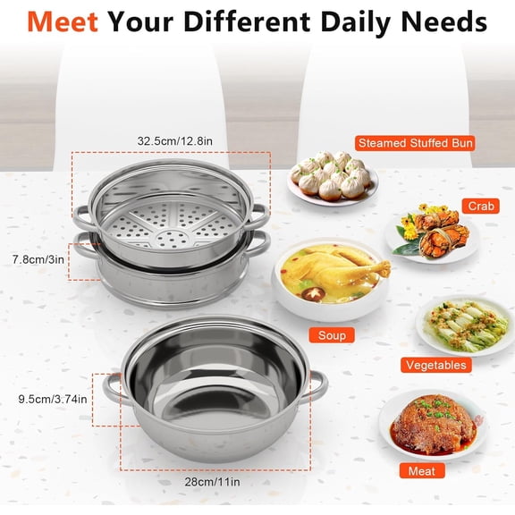 3-Tier Stainless Steel Steamer Pot, Large Capacity Food Steamer for Stove, Multi-Layer Stackable Cooking Steam Pot Kitchen Cookware with Glass Lid for Induction/Gas/Electric Stoves (12.8 Inch)