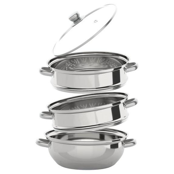 3-Tier Stainless Steel Steamer Pot 12.8in, Stackable Cookware with Glass Lid