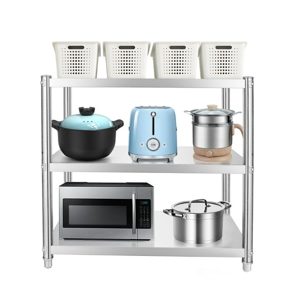 3-Tier Stainless Steel Storage Rack Commercial Catering Table Work Tables W/Adjustable Shelves Rustproof Bathroom & Kitchen Organizer 80 X 40 X 80cm Standing Kitchen Shelf