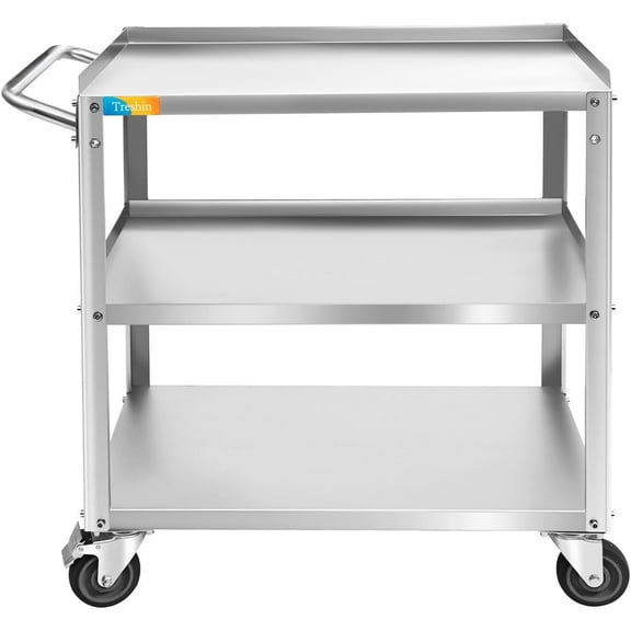 3 Tier Stainless Steel Utility Cart Commercial Heavy Duty Rolling Cart Food Storage Service Trolley with Handle and Wheels for Kitchen Restaurant Hospital Lab and Hotel 19" W x 31" L x 34" H