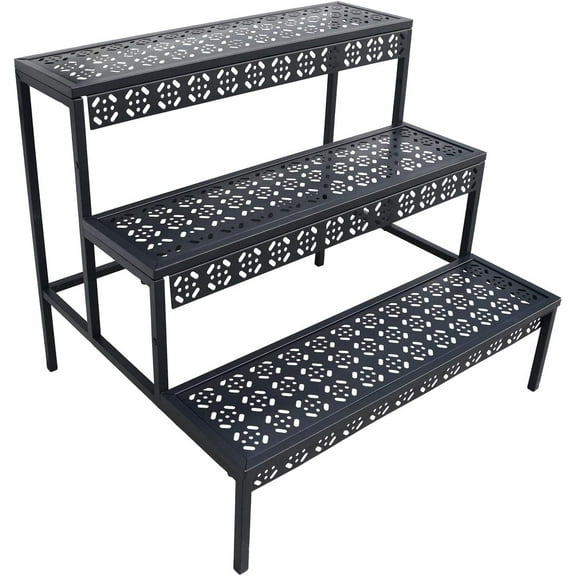 3 Tier Stair Style Large Stand, Garden Display Shelf Flower Pot Holder Storage Organizer Rack for Indoor Outdoor Patio Balcony Yard( Black, Rectangle)