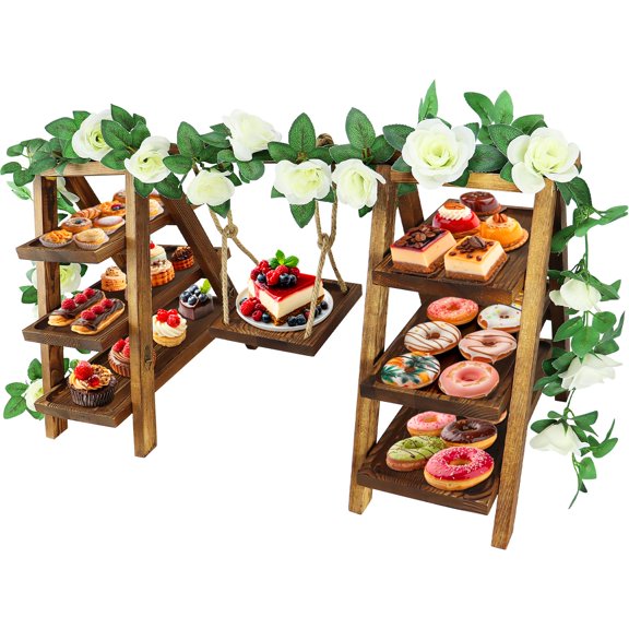 3 Tier Stand with Swing and Flower,Wooden Display Stand Set,Removable Trays and Foldable Stand for Cake Snack Fruit Chips Bread, Table Display at Birthday Wedding Party Home Decor A101