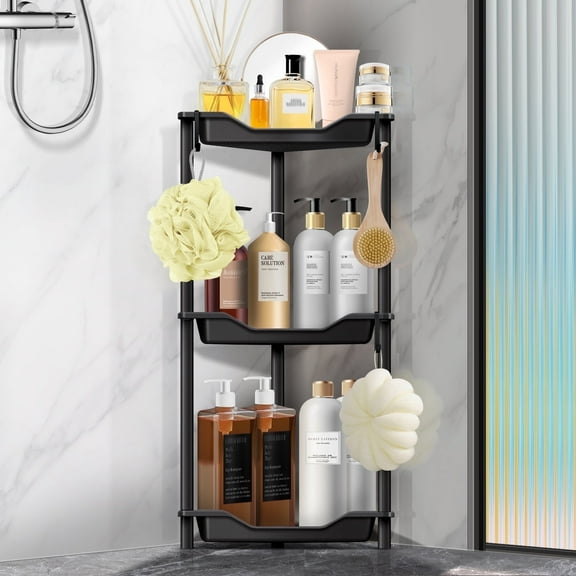3 Tier Standing Shower Caddy for Bathroom Organizer: Rustproof Corner Shower Shelves Storage with Large Capacity - Shower Organizer Rack for Bathroom Essentials, Black