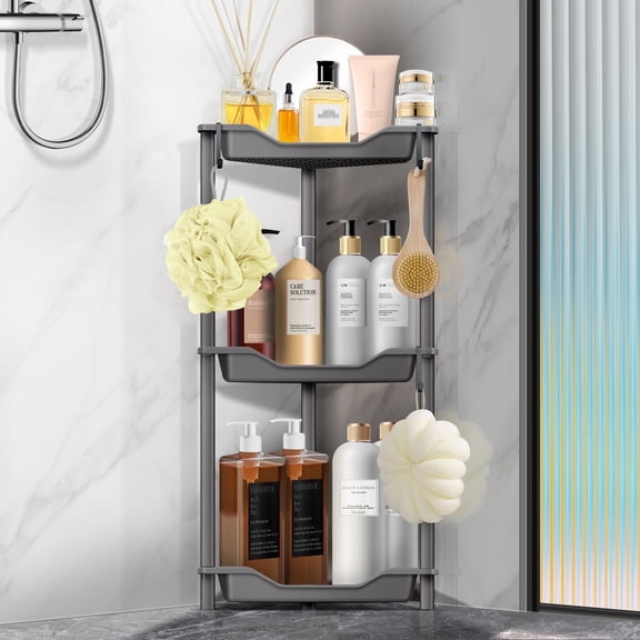 3 Tier Standing Shower Caddy for Bathroom Organizer: Rustproof Corner Shower Shelves Storage with Large Capacity - Shower Organizer Rack for Bathroom Essentials, Gray