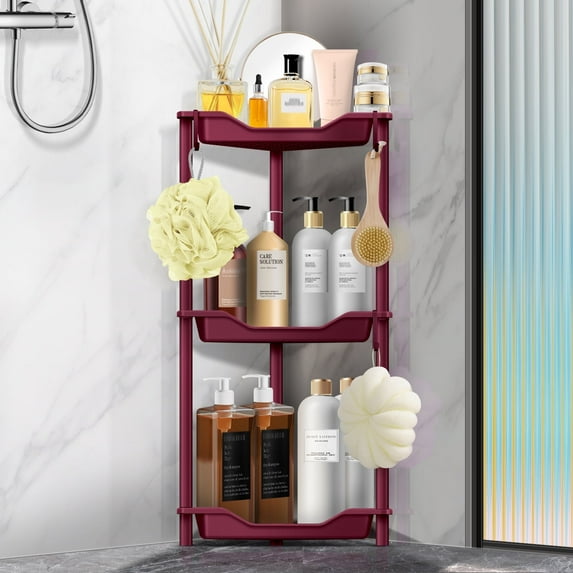 3 Tier Standing Shower Caddy for Bathroom Organizer: Rustproof Corner Shower Shelves Storage with Large Capacity - Shower Organizer Rack for Bathroom Essentials, Red