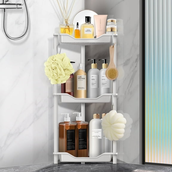 3 Tier Standing Shower Caddy for Bathroom Organizer: Rustproof Corner Shower Shelves Storage with Large Capacity - Shower Organizer Rack for Bathroom Essentials, White