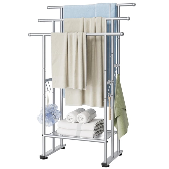 3 Tier Standing Towel Rack, 40'' Tall Towel Drying Rack Outdoor, Freestanding Floor Towel Rack with Shelf, Pool Towel Blanket Stand, Metal Towel Racks for Bathroom freestanding, Matte Black