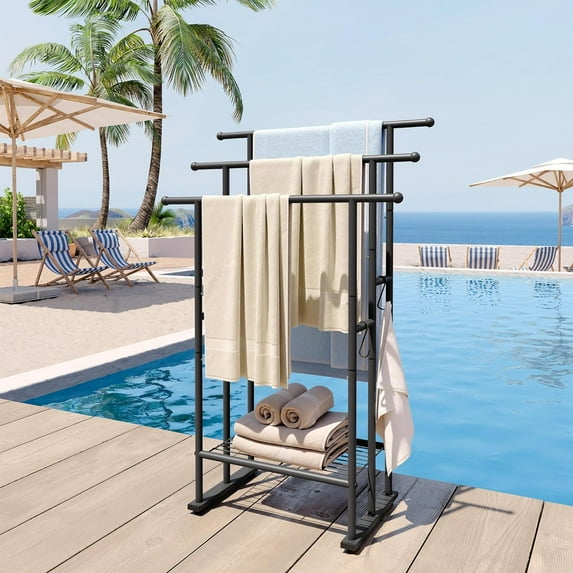 3 Tier Standing Towel Rack, 40'' Tall Towel Drying Rack Outdoor, Freestanding Floor Towel Rack with Shelf, Pool Towel Blanket Stand, Metal Towel Racks for Bathroom freestanding, Matte Black