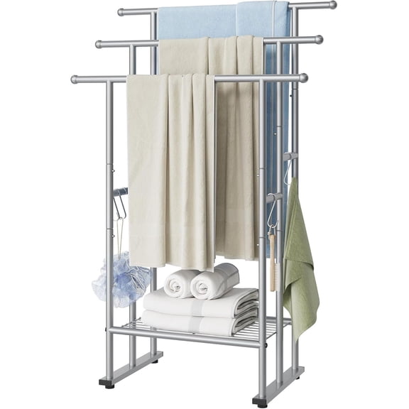 3 Tier Standing Towel Rack, 40'' Tall Towel Drying Rack Outdoor, Freestanding Floor Towel Rack with Shelf, Pool Towel Blanket Stand, Metal Towel Racks for Bathroom freestanding, Matte Black