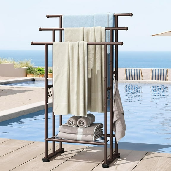 3 Tier Standing Towel Rack, 40'' Tall Towel Drying Rack Outdoor, Freestanding Floor Towel Rack with Shelf, Pool Towel Blanket Stand, Metal Towel Racks for Bathroom freestanding, Bronze