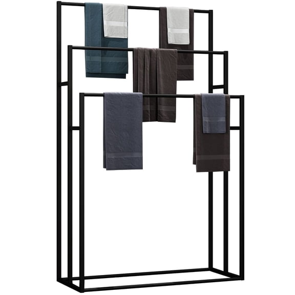 3 Tier Standing Towel Rack Matte Black 25.6 Inches Bathroom Poolside Drying Stand