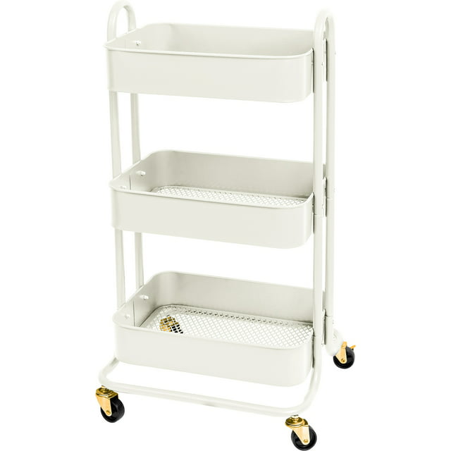 3-Tier Steel Rolling Storage Cart, 36 1/2" x 17" x 17", With Handles, Off White