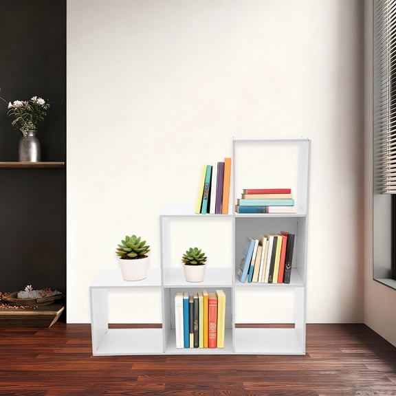 3-Tier Stepped Ladder Corner Shelf, 6-Cube L-Shaped White Bookshelf, 35.43" Tall Modern Open Etagere