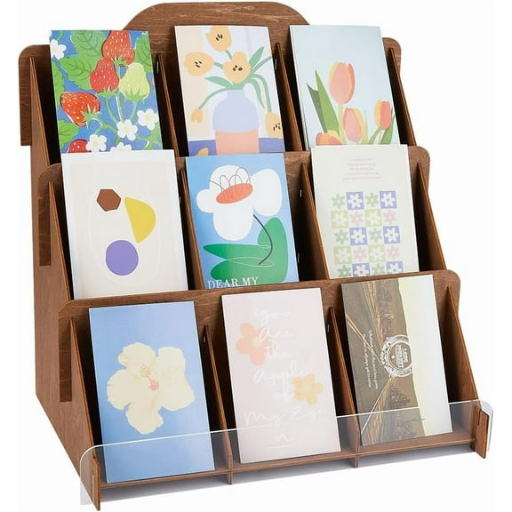 3-Tier Sticker Display Stand Wooden Greeting Card Display Stand Vendors Postcard Organizer Multipurpose Brochure Holder Wooden Display Stand Coaster Display 37x25x37.1cm for DIY