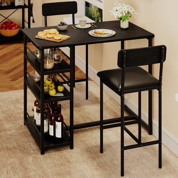 3-Tier Storage Bar Table Set for 2, Padded Stools Compact Tall Dining Set, Space Saving Breakfast Nook Furniture for Small Apartment Kitchen