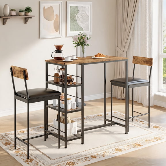 3-Tier Storage Bar Table Set with 2 Bar Stools, Durable Metal Frame Bistro Dining Set for Living Room, Dining Room, Kitchen