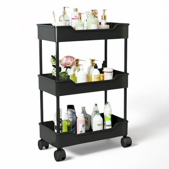 3-Tier Storage Cart,Multifunction Rolling Storage Cart,Storage Organizer Slide Out Cart,Mobile Shelving Unit Cart with Wheels for Office, Living Room, Kitchen(24.41*15.75*7.87 in, Black)
