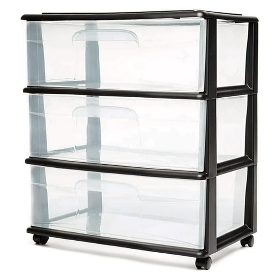 3-Tier Storage Cart, Wide Clear Plastic Drawer Organizer with Wheels - Home, Bathroom, Bedroom, Office Storage - Black Frame, Versatile Organizing Containers