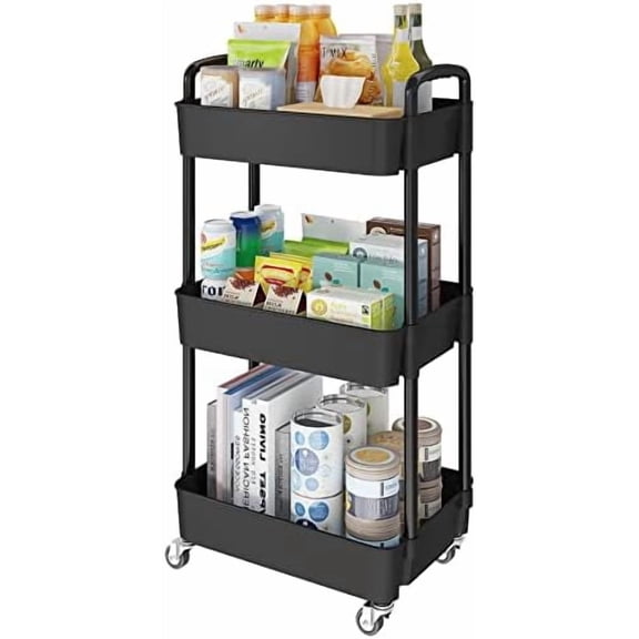 3-Tier Storage Carts,Multifunction Utility Rolling Cart Kitchen Storage Organizer,Mobile Shelving Unit Cart with Lockable Wheels for Bathroom,Laundry,Living Room,With Classified Sticker,Black