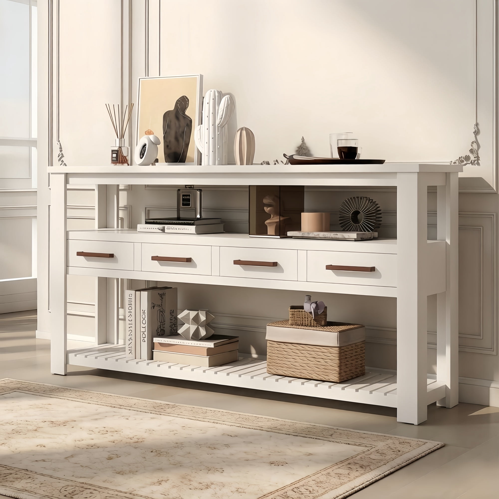 3-Tier Storage Console Table with 4-Drawer, Long Entryway Cabinet DisplayTable with Open Shelf, Versatile Sofa Table with Pine Legs