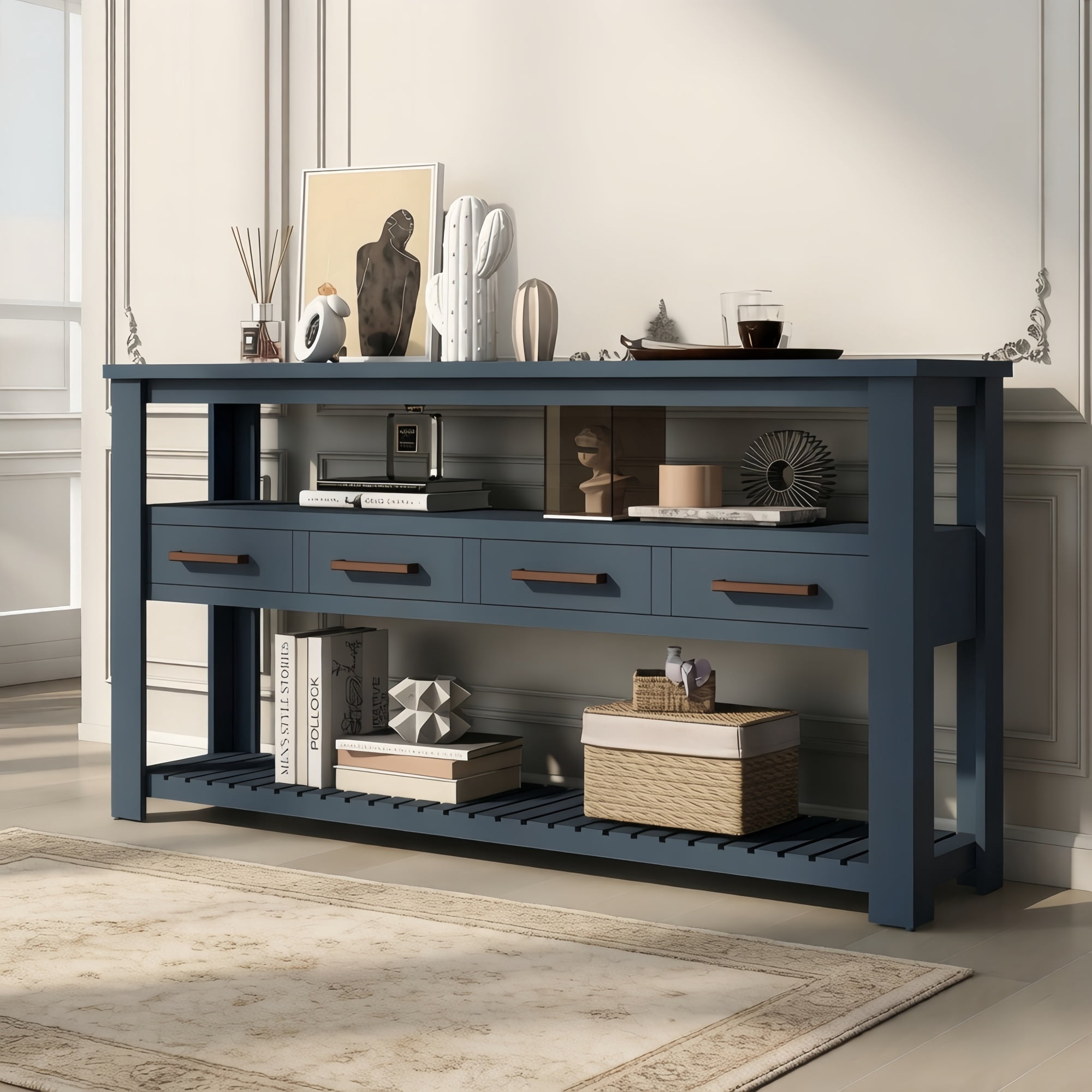 3-Tier Storage Console Table with 4-Drawer, Long Entryway Cabinet DisplayTable with Open Shelf, Versatile Sofa Table with Pine Legs