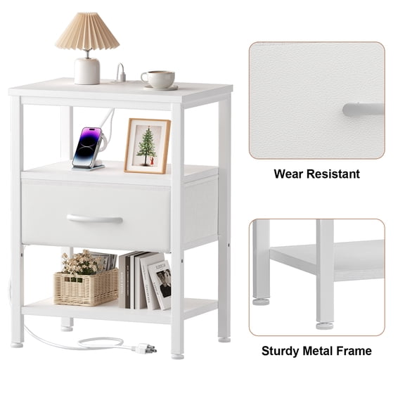 3-Tier Storage End Table with Built-in Charger, Adjustable Fabric Drawer Nightstand for Bedroom & Living Room Organization