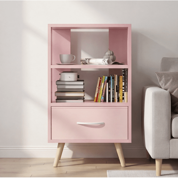 3-Tier Storage Nightstand with Drawer & Open Shelving, Modern Compact Side Table for Bedroom, Living Room and Small Spaces
