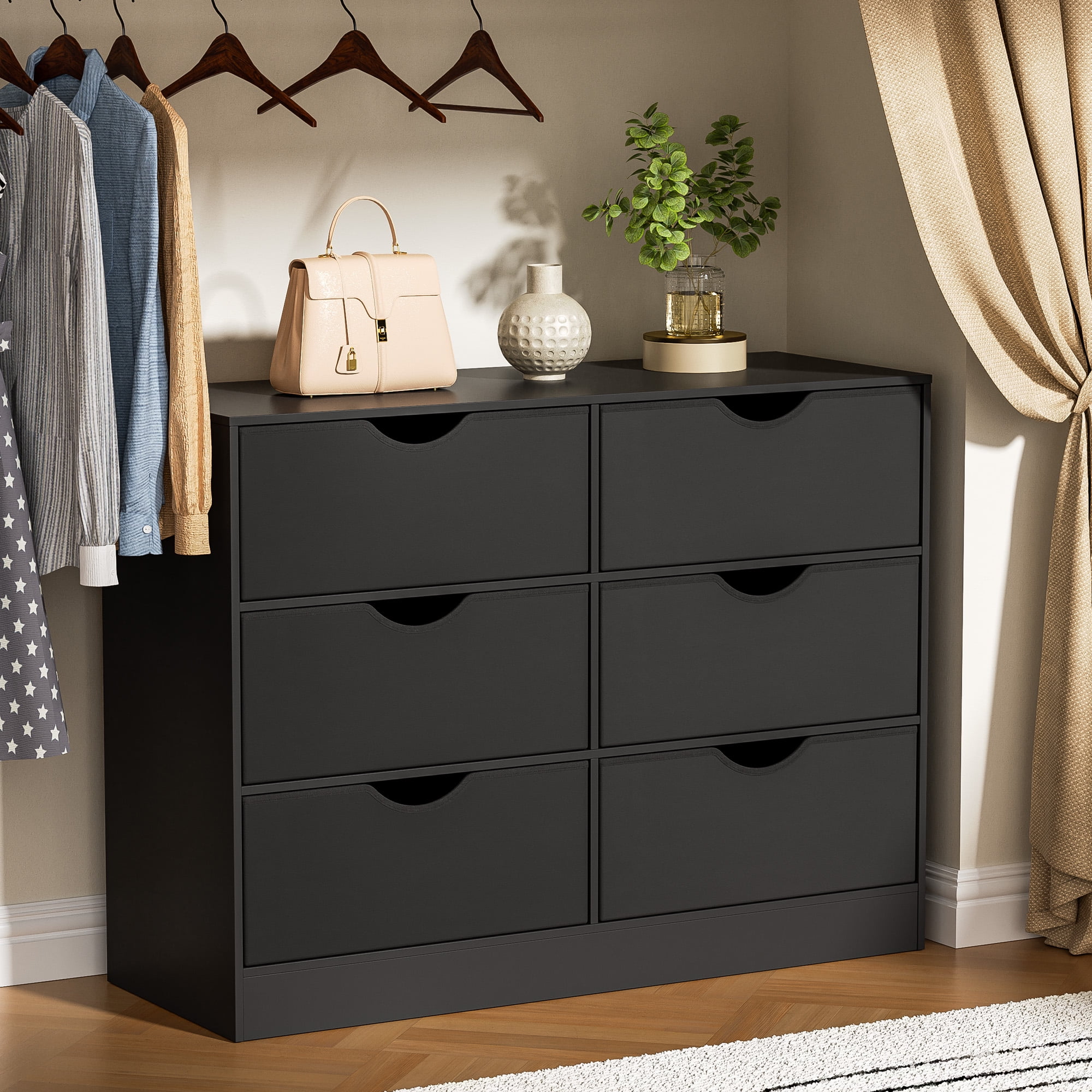3 Tier Storage Organizer Wooden Book Shelf, 6 Cube Bookcase, 6 Removable Fabric PU Drawers Open Bookshelf, Modern Floor Standing Display Bookshelf for Living Room, Entryway, Home Office,Black