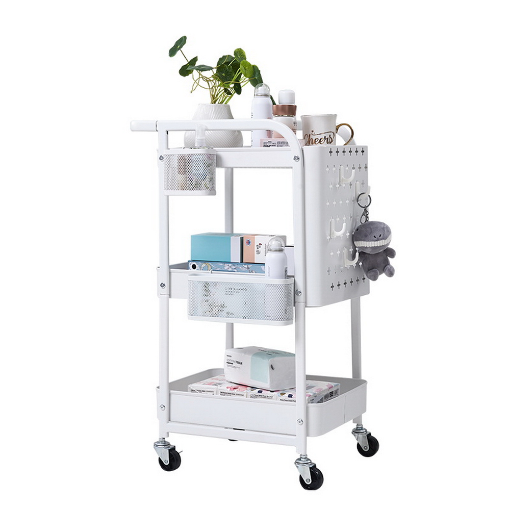 3 Tier Storage Rolling Cart, Heavy Duty Rolling Utility Cart Metal Push Cart with Pegboard and Extra Baskets Hooks, Trolley Organizer Cart with Utility Handle for Kitchen Office Home, White - image 1 of 7