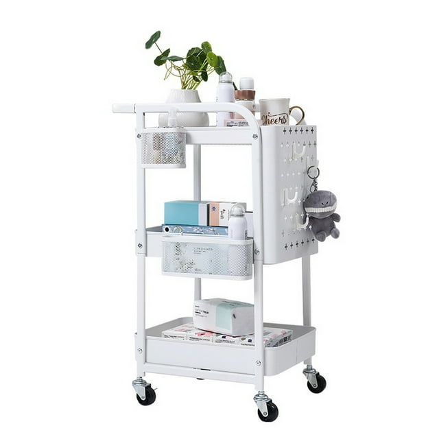 3 Tier Storage Rolling Cart, Heavy Duty Rolling Utility Cart Metal Push Cart with Pegboard and Extra Baskets Hooks, Trolley Organizer Cart with Utility Handle for Kitchen Office Home, White