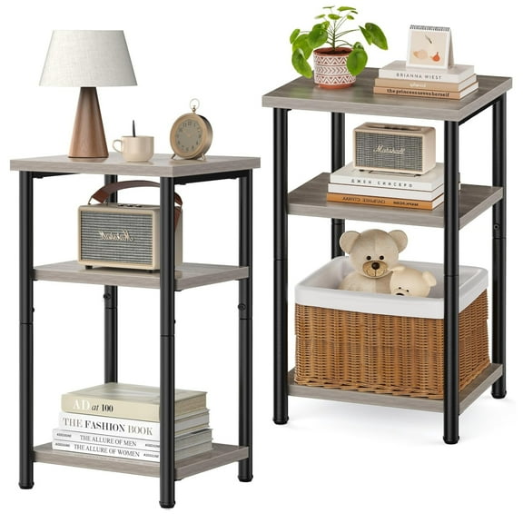 3-Tier Storage Shelf End Table, Side Table with Adjustable Feet, Small Space-Saving Nightstand for Bedroom & Living Room, Set of 2, Oak Grey, 11.81"W x 13.39"D x 22.8"H
