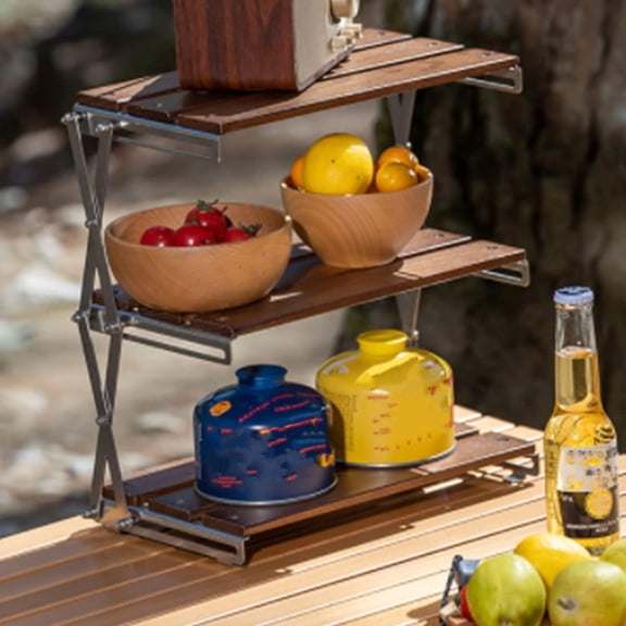 3-Tier Storage Shelf Racks, Folding Shelf Storage Rack, Strong Load Bearing Fine Polishing Metal Beech Wood Camping Organizer for Outdoor Camping(Chrome-Plated Shelf)