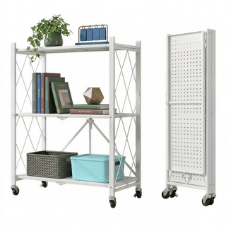 3-Tier Storage Shelf with Wheels, Collapsible Rolling Cart, Kitchen Storage Shelf, Foldable Metal Shelving for Garage, Kitchen, Basement, Pantry Storage