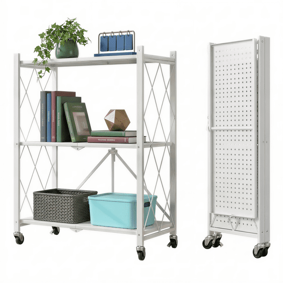 3-Tier Storage Shelf with Wheels, Collapsible Rolling Cart, Kitchen Storage Shelf, Foldable Metal Shelving for Garage, Kitchen, Basement, Pantry Storage
