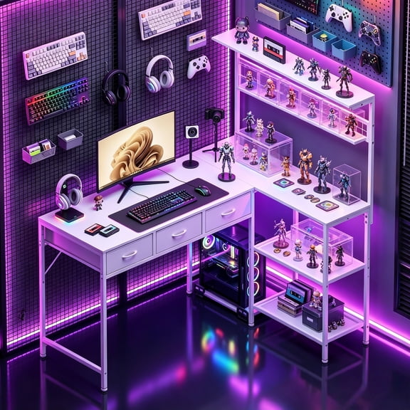 3-Tier Storage Shelves L-Shaped Computer Desk with Drawer, 50.4" Reversible Wooden Workstation Power Outlets LED Lights for Gaming Office