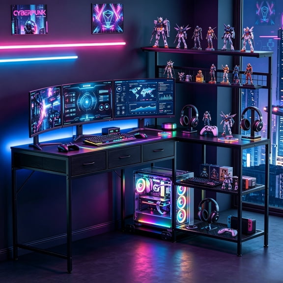 3-Tier Storage Shelves L-Shaped Computer Desk with Drawer, 50.4" Reversible Wooden Workstation Power Outlets LED Lights for Gaming Office