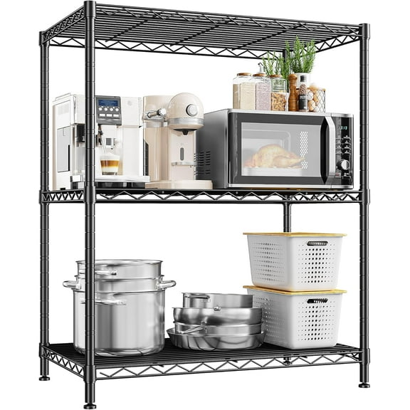 3 Tier Storage Shelves Metal Shelving Unit,Adjustable Wire Rack Pantry Kitchen Shelves,Small Shelf Wire Shelving for Laundry Office Bedroom Dorm Bathroom Closet 24" W x 30" H x 14" D Black Shelves