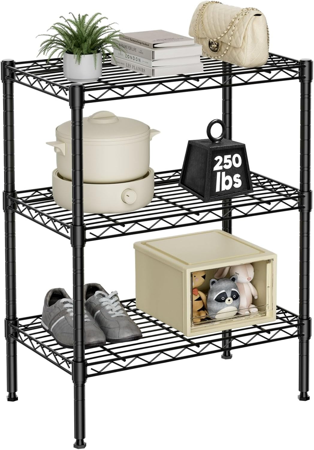 Black Adjustable 3-Tier Metal Wire Storage Shelving Unit