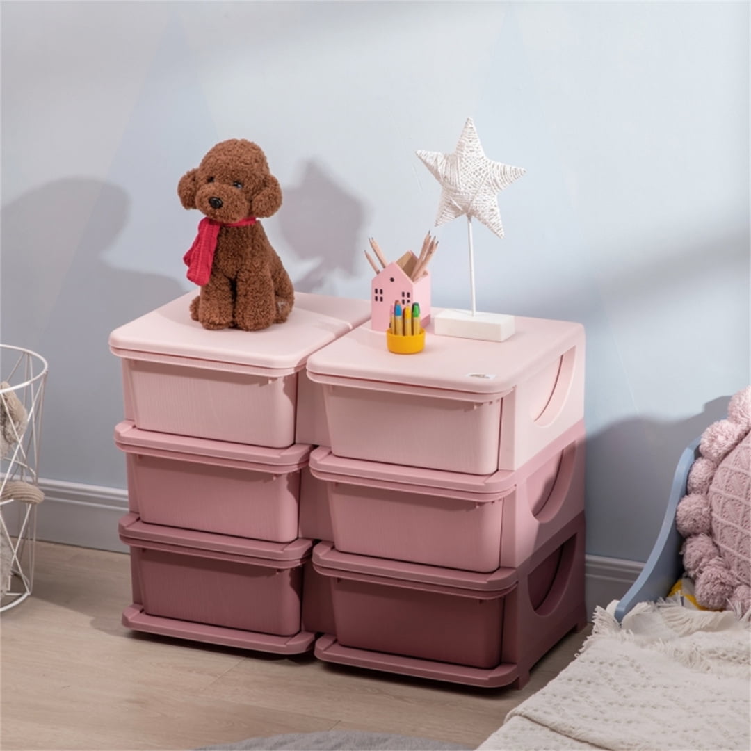 Pink and Burgundy 6-Drawer Kids Storage Unit with Plastic Bins