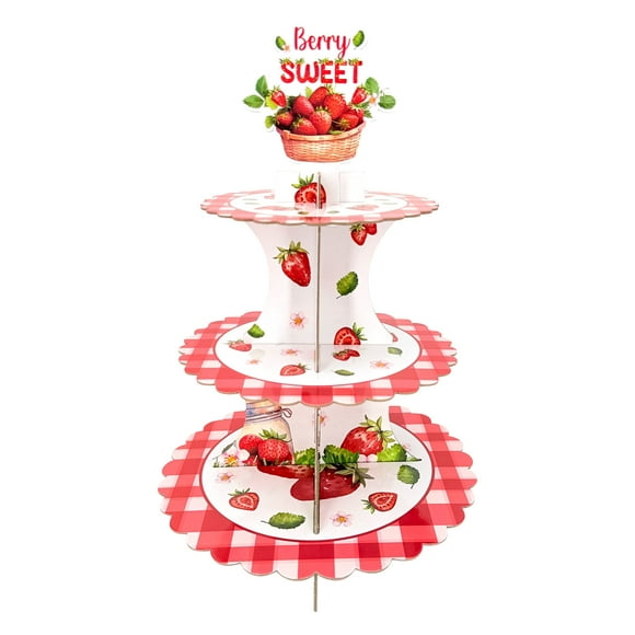 3 Tier Strawberry Cardboard Cupcake Stand, Round Berry Sweet Red Plaid Dessert Tower Holder, Party Table Decorations for Birthday, Afternoon Tea