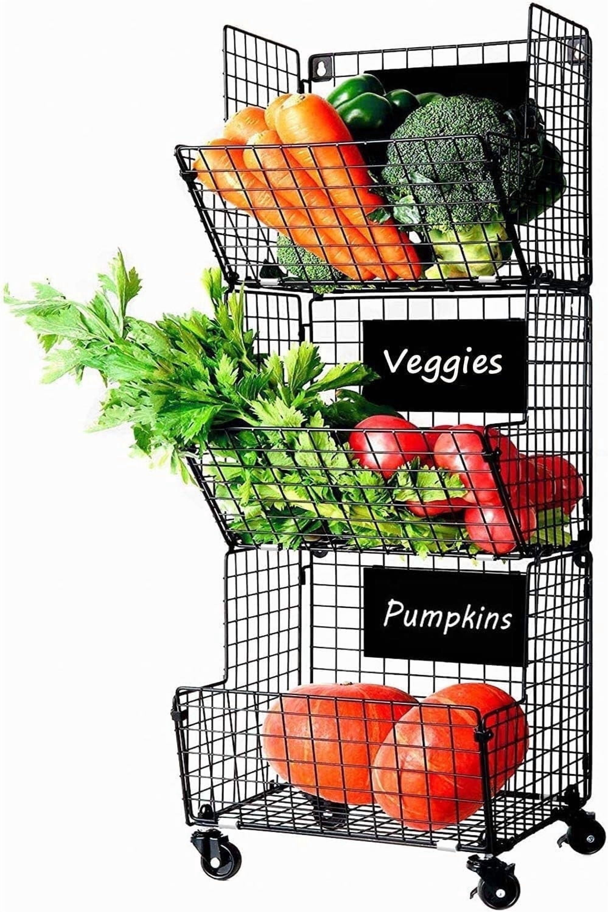 X-COSRACK 3-Tier Rolling Fruit Basket, All-Metal Stackable Produce Storage Cart, Wall Mounted Vegetable Organizer Bin, Black