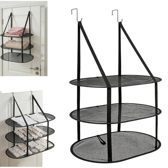 3 Tier Sweater Drying Rack Over The Door, XISELI Foldable Mesh Hanging Dryer Flat with Hooks, Large Breathable Laundry Drying Hanger, Clothes Lay Flat Dryer for Apartments Bathrooms (Black)