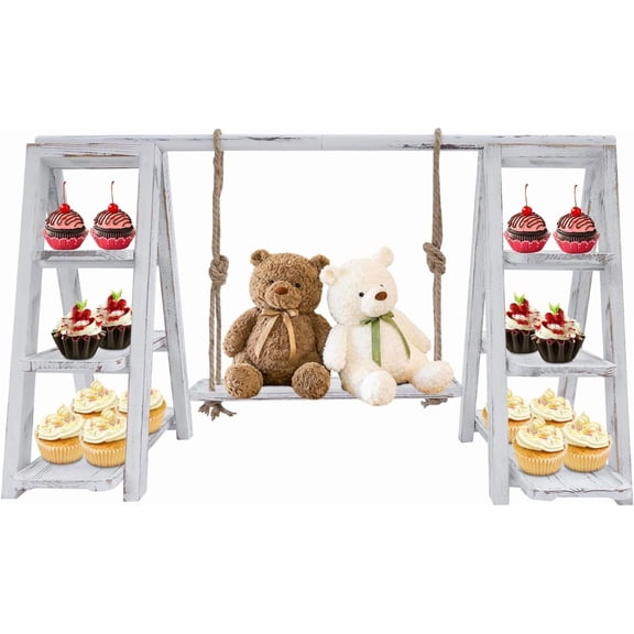 3-Tier Swing Plate Serving Stand, Wooden Cupcake Display Stand Set, White A-Frame Design with Removable Trays, for Food Display & Home Decor (28*17in, Rustic White)