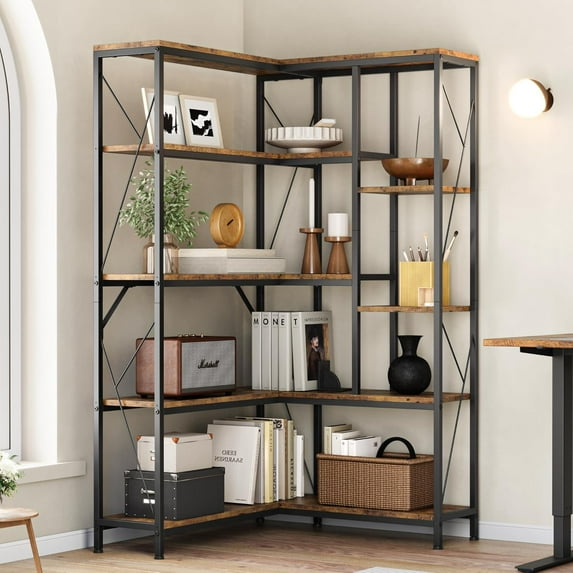 3-Tier Tall Indoor Plant Stand, 67 Inch Corner Display Shelf with 12 Hanging Hooks, Iron and Wood Flower Stands, Tigerwood Finish for Living Room, Balcony, Garden