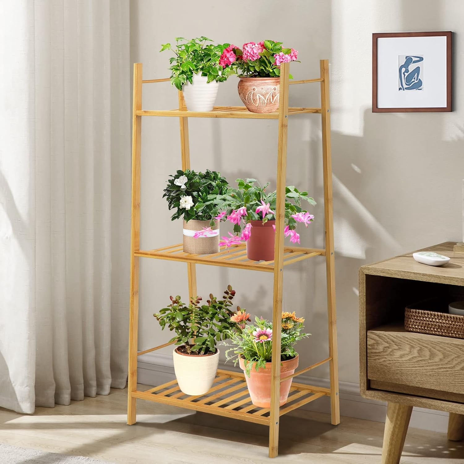 3-Tier Tall Plant Stand Shelf, Bamboo Corner Flower Display Rack With 3 ...