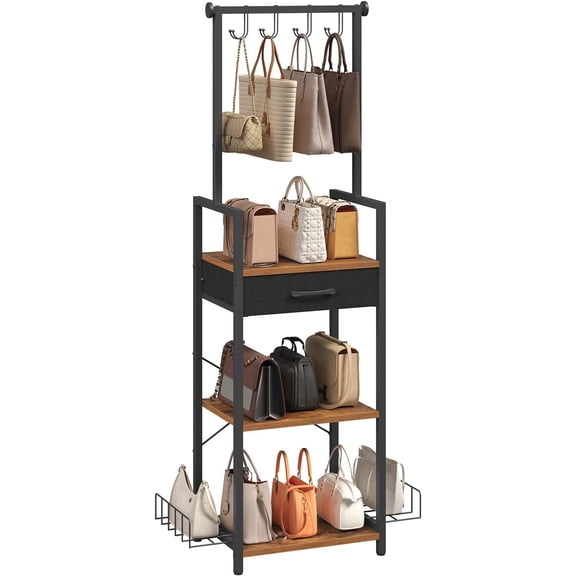3-Tier Tall Purse Organizer for Closet with Drawer, Hooks & Side Baskets, Floor-Standing Purse Rack Storage, Handbag Organizer, Purse Display Shelf, Bedroom, Entryway, Rustic Brown HSHR25201