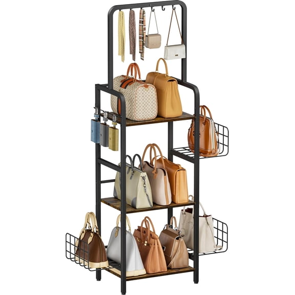 3-Tier Tall Purse Organizer Rack Stand, Floor-Standing Bag Storage Holder with Adjustable Side Basket and Hook Handbag