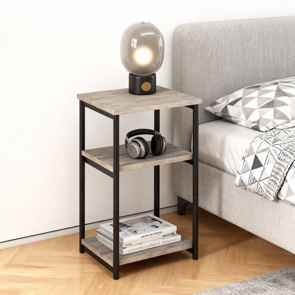 3-Tier Tall Side Table with Storage, Metal Frame End Table & Small Nightstand for Living Room, Bedroom, Sofa