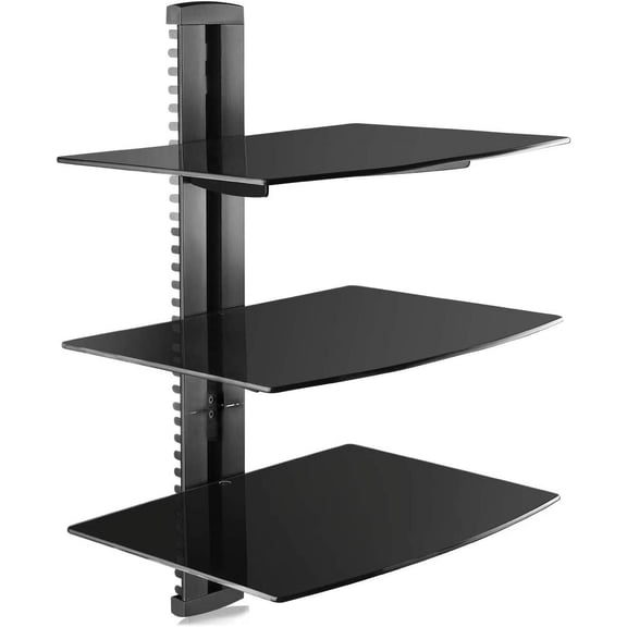 3-Tier Tempered Glass Floating Shelf with Wall Brackets, Black Media Storage Rack for DVD Players Cable Boxes Game Consoles TV Accessories, CS303